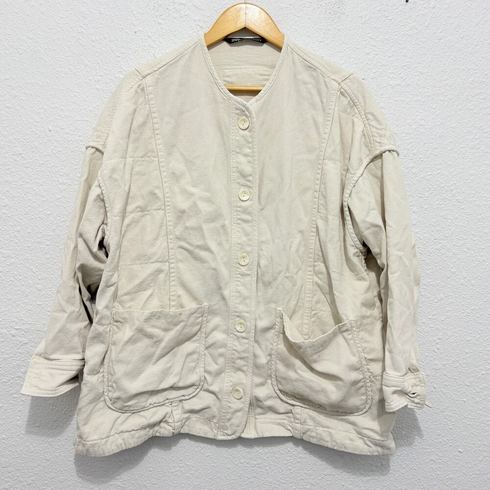 Zara Oversized Cotton Chore Jacket Coat Natural L Buttons Coastal Fall